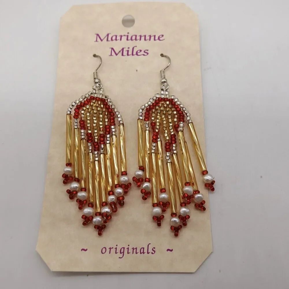 Handmade Native American Style Beaded Tassel Earrings By Marianne Miles Red Gold